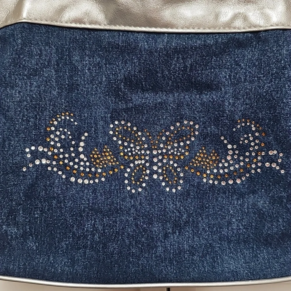 Vintage New Blair Navy Denim Shoulder Bag with Silver Trim Butterfly Rhinestones